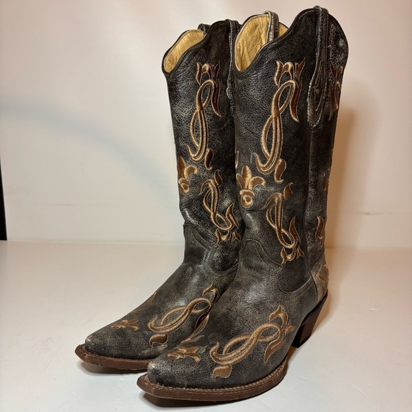 Tanner Mark Women’s Cowboy Boots Fleur-De-Lis Embroidered Crackle Sz 8 Made USA - Picture 1 of 10
